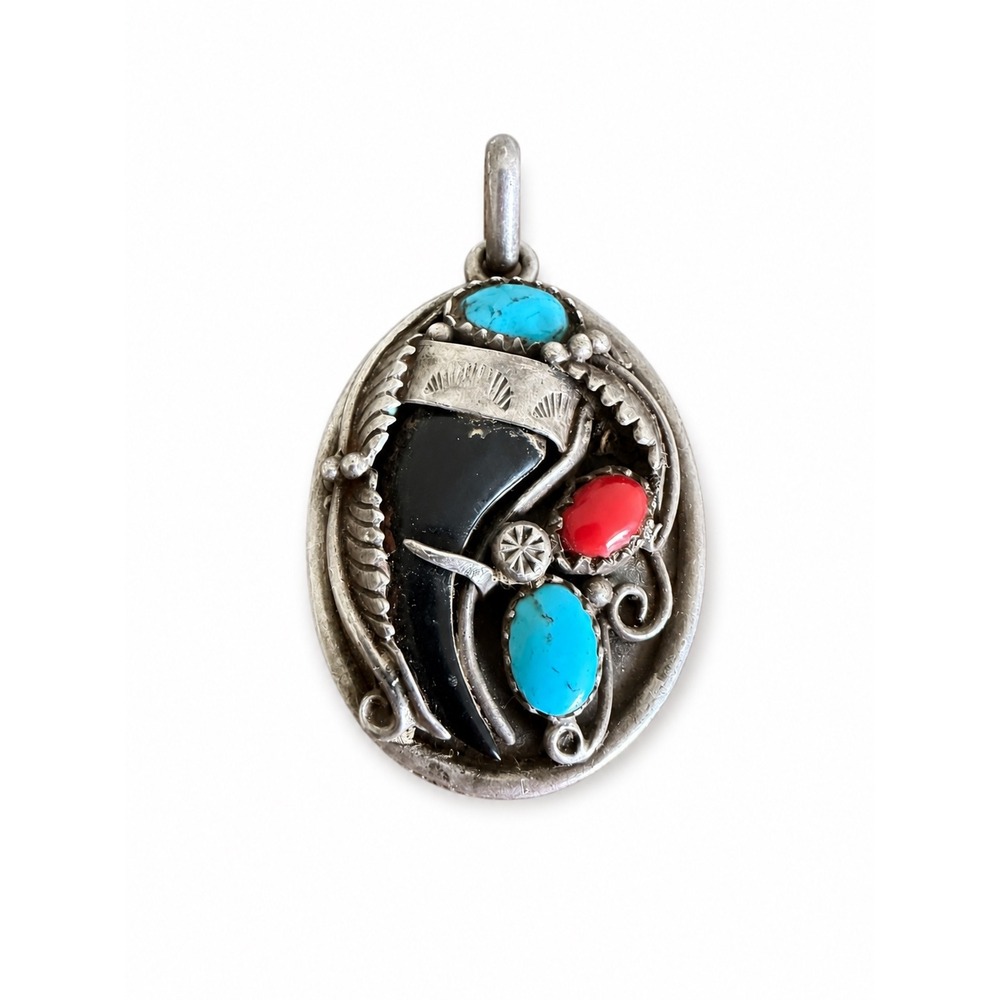 Vintage Sterling Silver Navajo Pendant Claw Turquoise Feather Detail Coral